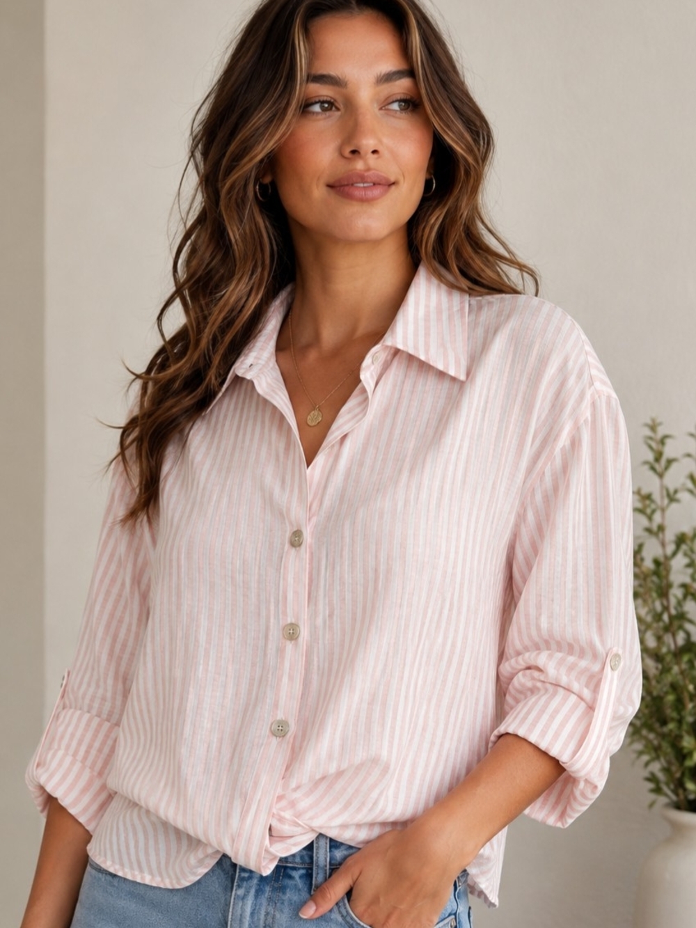 CIDER Pink & White Striped Button-Up Twist Front Shirt